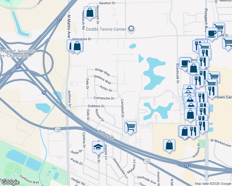 map of restaurants, bars, coffee shops, grocery stores, and more near 1401 Aztec Dr in Champaign