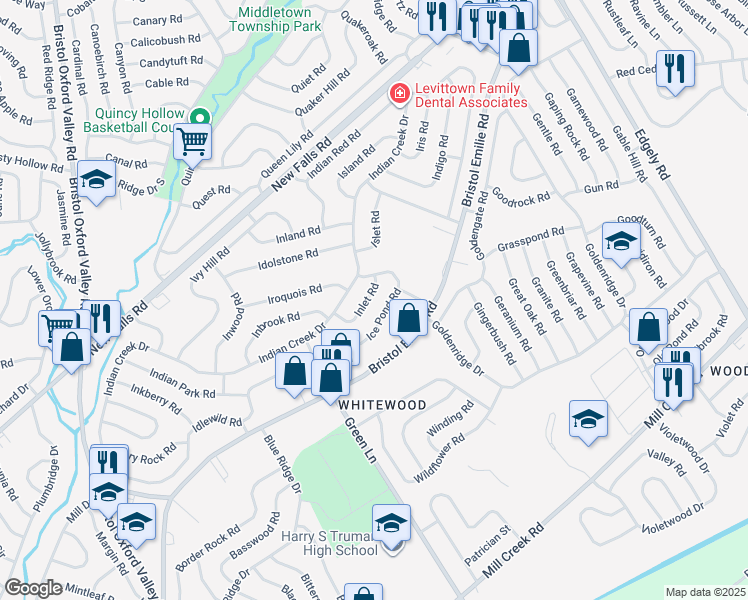 map of restaurants, bars, coffee shops, grocery stores, and more near 32 Inlet Road in Levittown