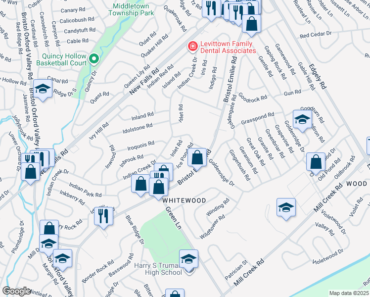 map of restaurants, bars, coffee shops, grocery stores, and more near 32 Inlet Road in Levittown