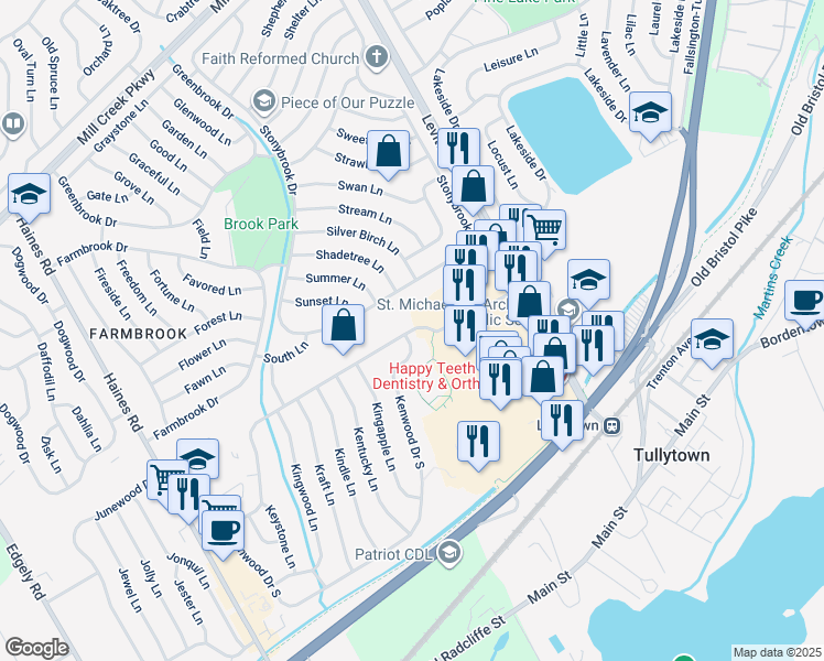 map of restaurants, bars, coffee shops, grocery stores, and more near 61 Kenwood Drive North in Levittown