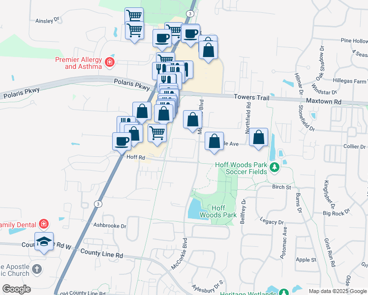 map of restaurants, bars, coffee shops, grocery stores, and more near 214 Hoff Road in Westerville