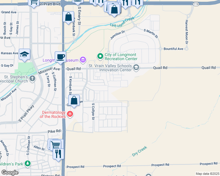 map of restaurants, bars, coffee shops, grocery stores, and more near 1252 South Oak Court in Longmont