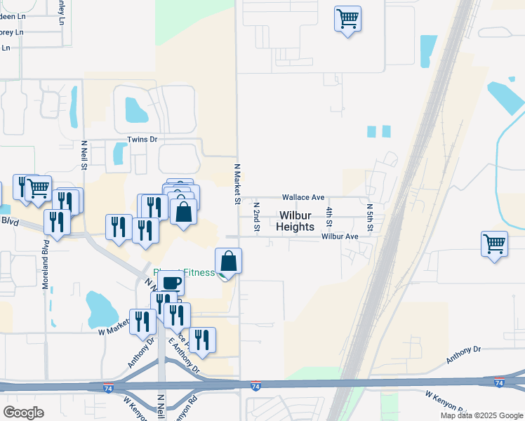 map of restaurants, bars, coffee shops, grocery stores, and more near 202 Paul Avenue in Champaign