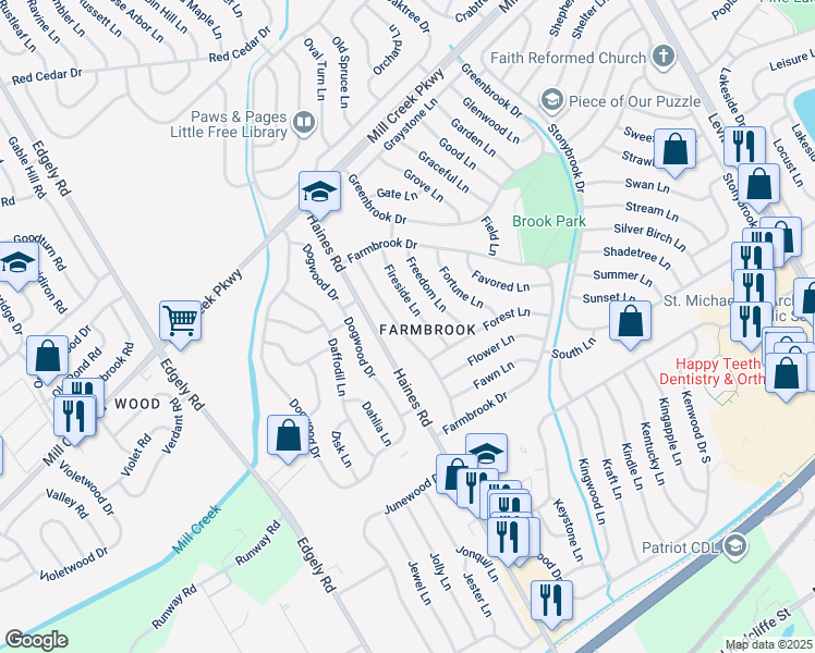 map of restaurants, bars, coffee shops, grocery stores, and more near 58 Friendly Lane in Levittown