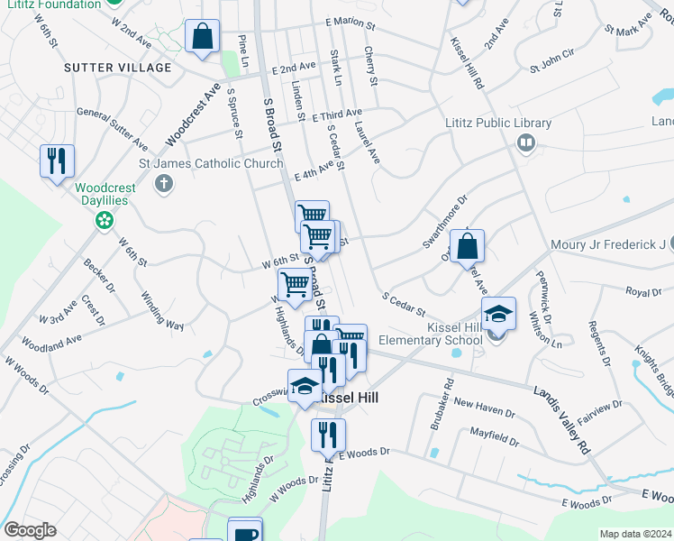 map of restaurants, bars, coffee shops, grocery stores, and more near 730 Keller Drive in Lititz