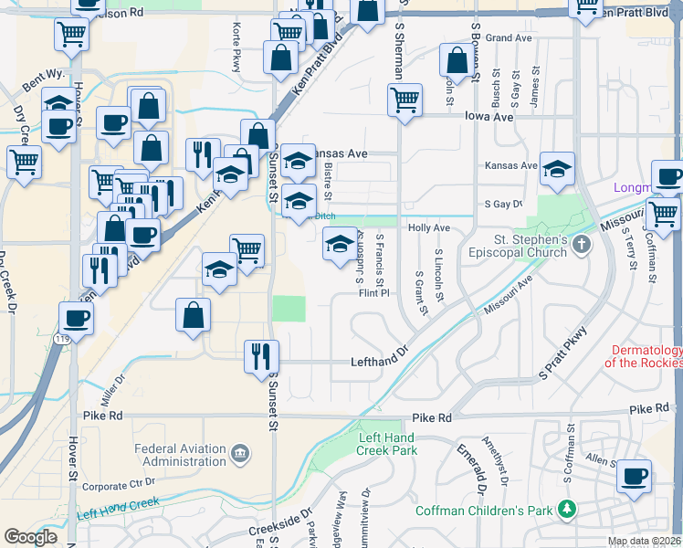 map of restaurants, bars, coffee shops, grocery stores, and more near 1335 South Judson Street in Longmont