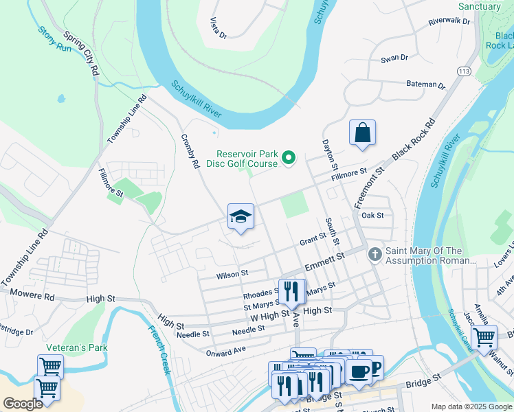 map of restaurants, bars, coffee shops, grocery stores, and more near 153 Fillmore Street in Phoenixville
