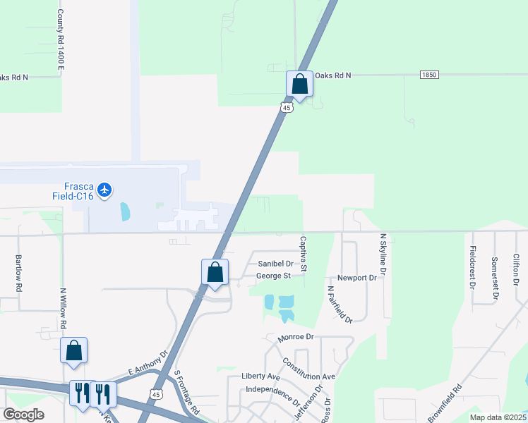map of restaurants, bars, coffee shops, grocery stores, and more near 1502 Airport Road in Urbana