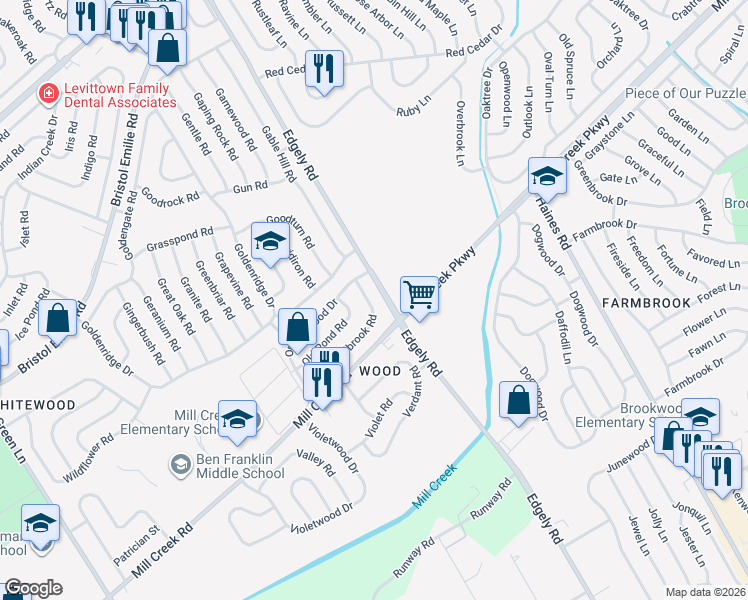 map of restaurants, bars, coffee shops, grocery stores, and more near 70 Oldbrook Road in Levittown