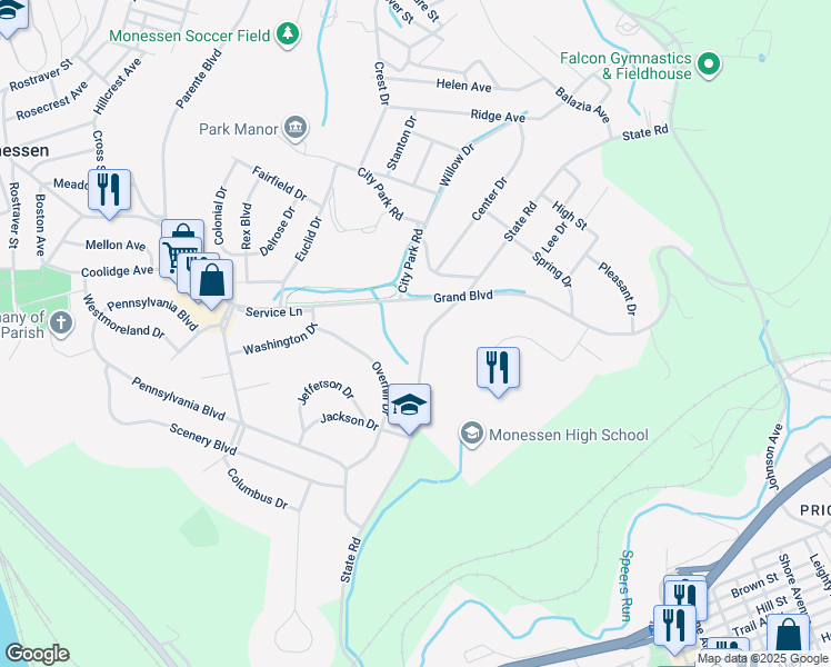 map of restaurants, bars, coffee shops, grocery stores, and more near 1184 State Rd in Monessen