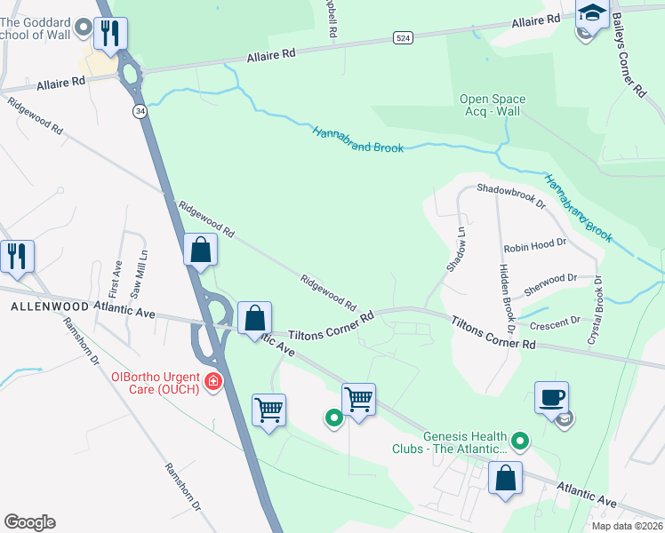 map of restaurants, bars, coffee shops, grocery stores, and more near 2500 Ridgewood Road in Monmouth County