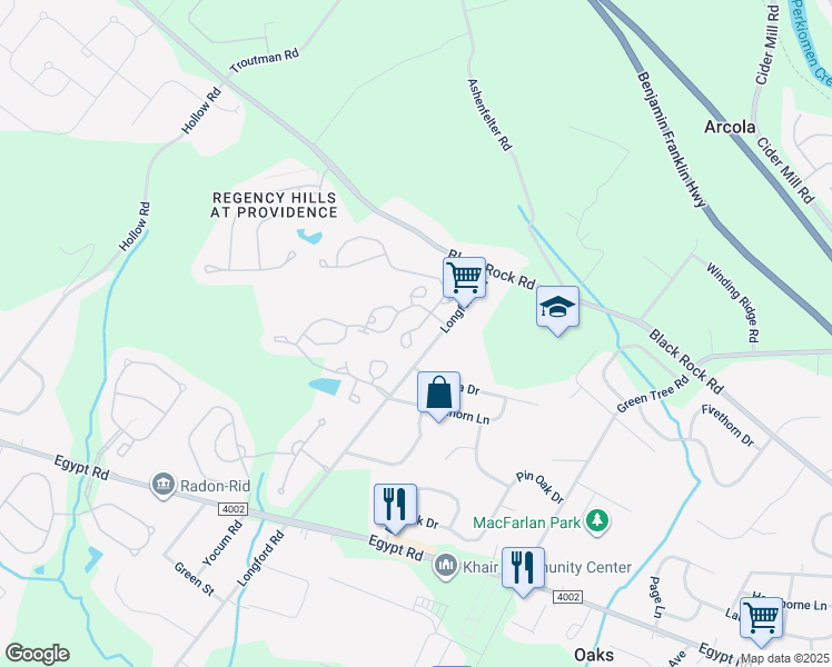 map of restaurants, bars, coffee shops, grocery stores, and more near 101 Farrington Court in Collegeville