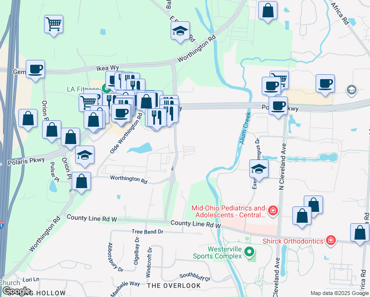 map of restaurants, bars, coffee shops, grocery stores, and more near 780 Kenilworth Lane in Westerville