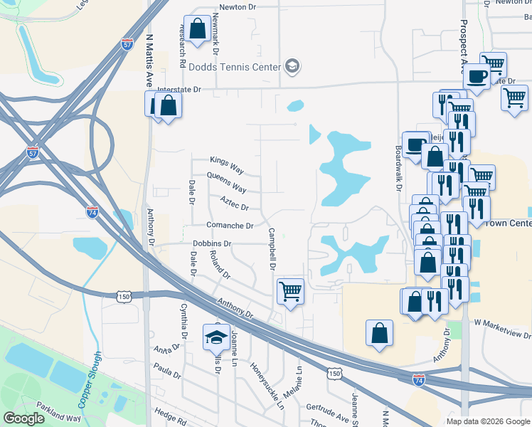 map of restaurants, bars, coffee shops, grocery stores, and more near 1401 Aztec Drive in Champaign