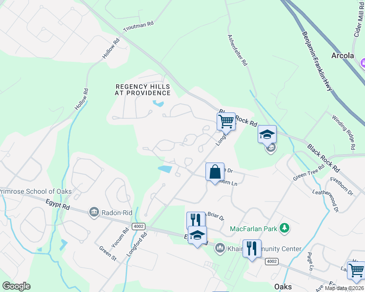 map of restaurants, bars, coffee shops, grocery stores, and more near 500 Andover Lane in Collegeville