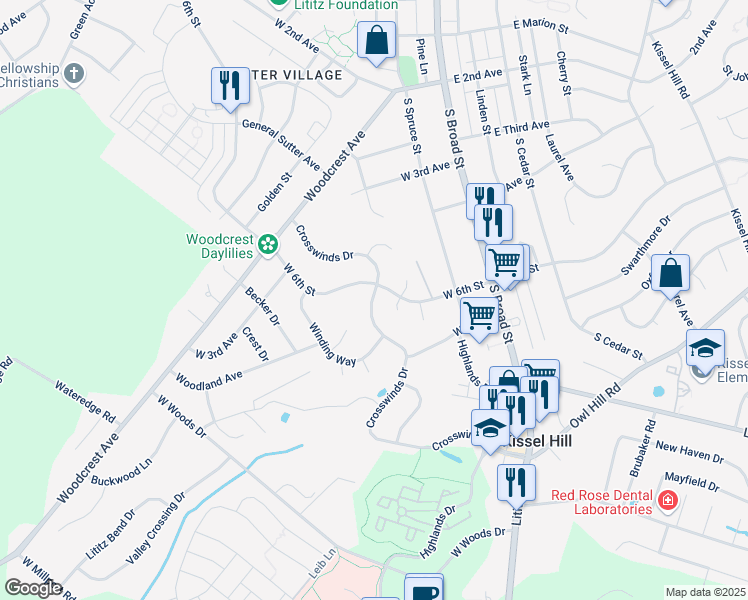 map of restaurants, bars, coffee shops, grocery stores, and more near 493 Crosswinds Dr in Lititz