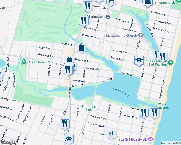 map of restaurants, bars, coffee shops, grocery stores, and more near 560 Central Avenue in Spring Lake