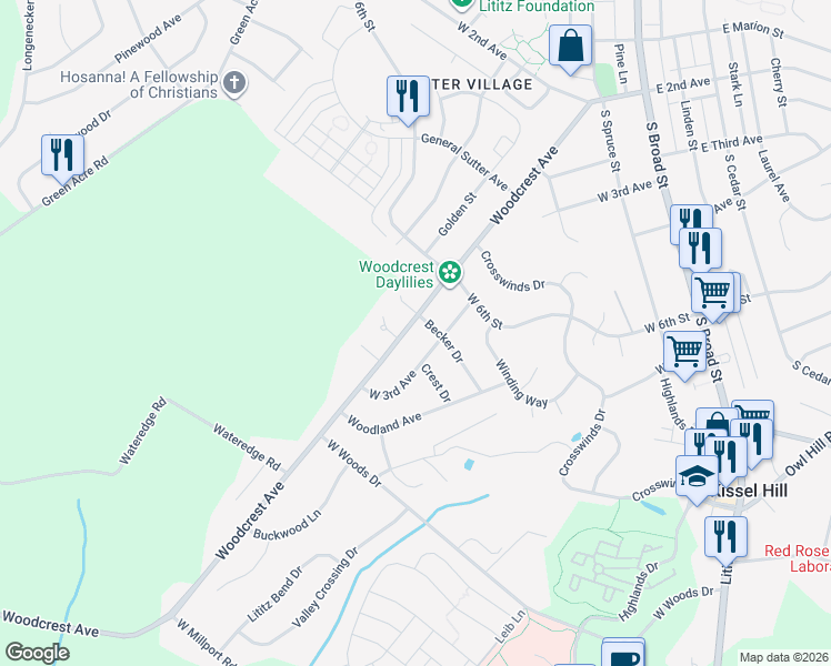 map of restaurants, bars, coffee shops, grocery stores, and more near 615 Woodcrest Avenue in Lititz