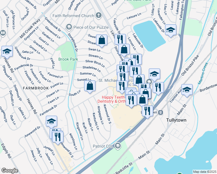 map of restaurants, bars, coffee shops, grocery stores, and more near 81 Kenwood Drive North in Levittown