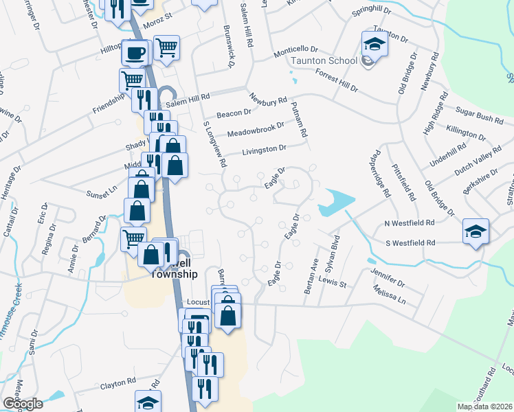 map of restaurants, bars, coffee shops, grocery stores, and more near 8 Swallow Lane in Howell Township