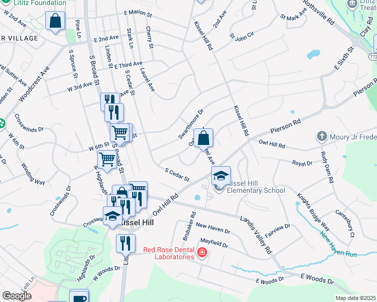 map of restaurants, bars, coffee shops, grocery stores, and more near 116 Oxford Drive in Lititz