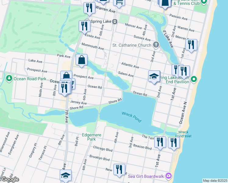 map of restaurants, bars, coffee shops, grocery stores, and more near 409 Ocean Road in Spring Lake