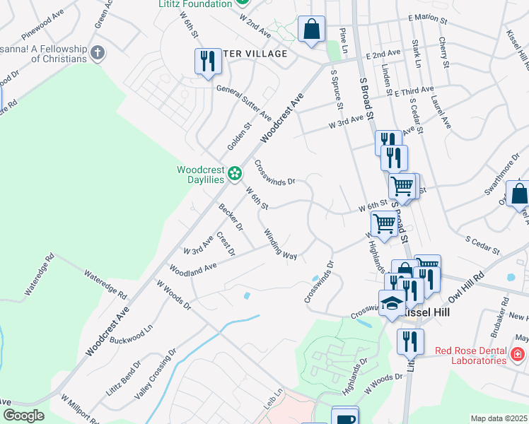 map of restaurants, bars, coffee shops, grocery stores, and more near 72 Winding Way in Lititz