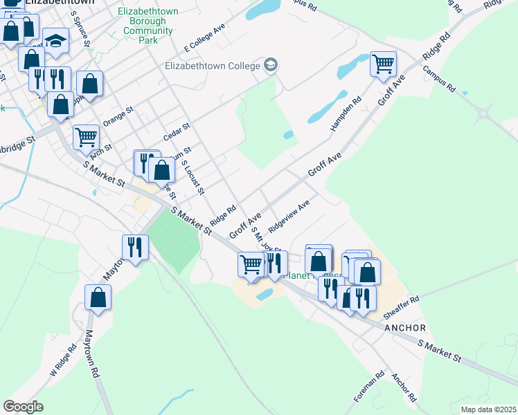 map of restaurants, bars, coffee shops, grocery stores, and more near 427 Groff Avenue in Elizabethtown