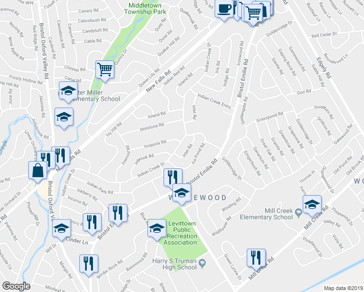 map of restaurants, bars, coffee shops, grocery stores, and more near 234 Indian Creek Drive in Levittown