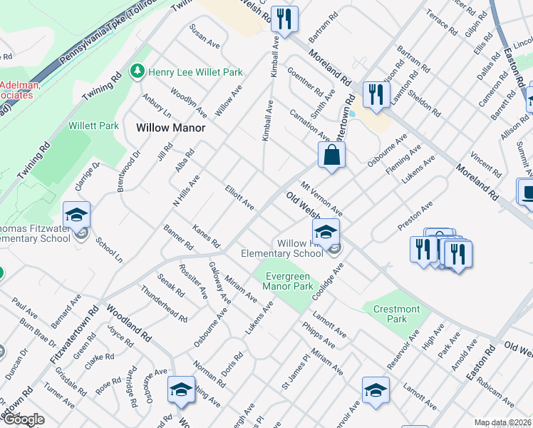 map of restaurants, bars, coffee shops, grocery stores, and more near 1705 Fitzwatertown Road in Willow Grove