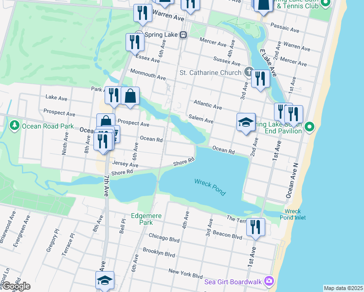 map of restaurants, bars, coffee shops, grocery stores, and more near 409 Ocean Road in Spring Lake