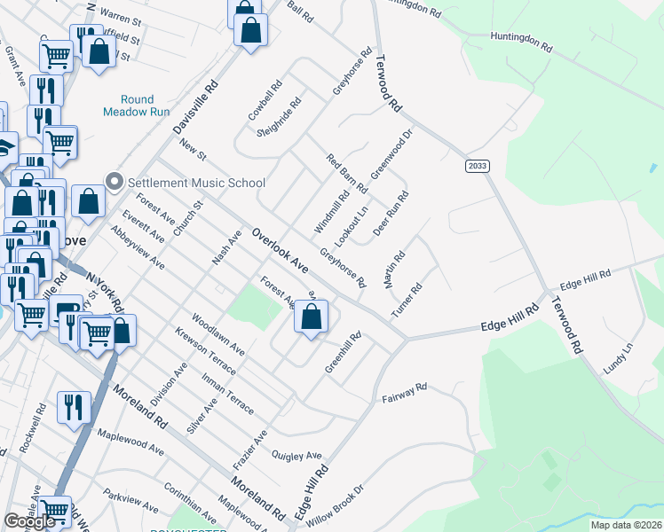 map of restaurants, bars, coffee shops, grocery stores, and more near 409 Greyhorse Road in Willow Grove