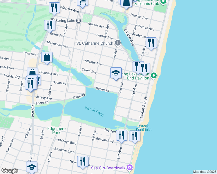 map of restaurants, bars, coffee shops, grocery stores, and more near 219 Pennsylvania Avenue in Spring Lake