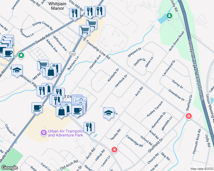 map of restaurants, bars, coffee shops, grocery stores, and more near 3027 Kimberly Drive in Norristown