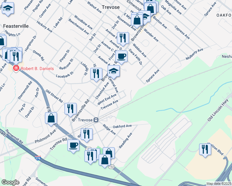map of restaurants, bars, coffee shops, grocery stores, and more near 3434 West End Avenue in Feasterville-Trevose