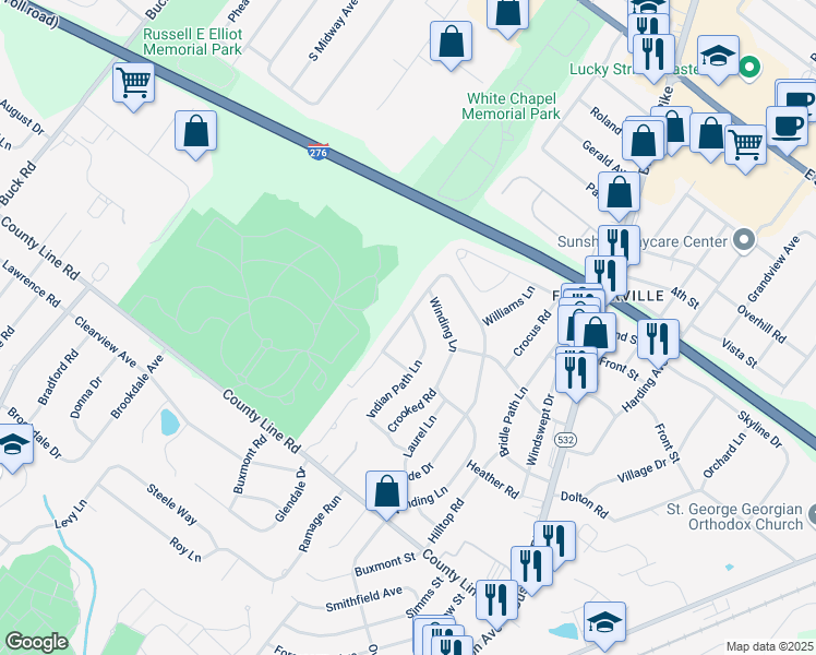 map of restaurants, bars, coffee shops, grocery stores, and more near 38 Indian Path Lane in Feasterville-Trevose