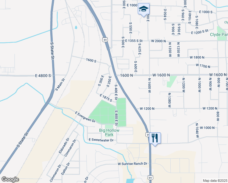 map of restaurants, bars, coffee shops, grocery stores, and more near 1790 South 400 East Street in Springville