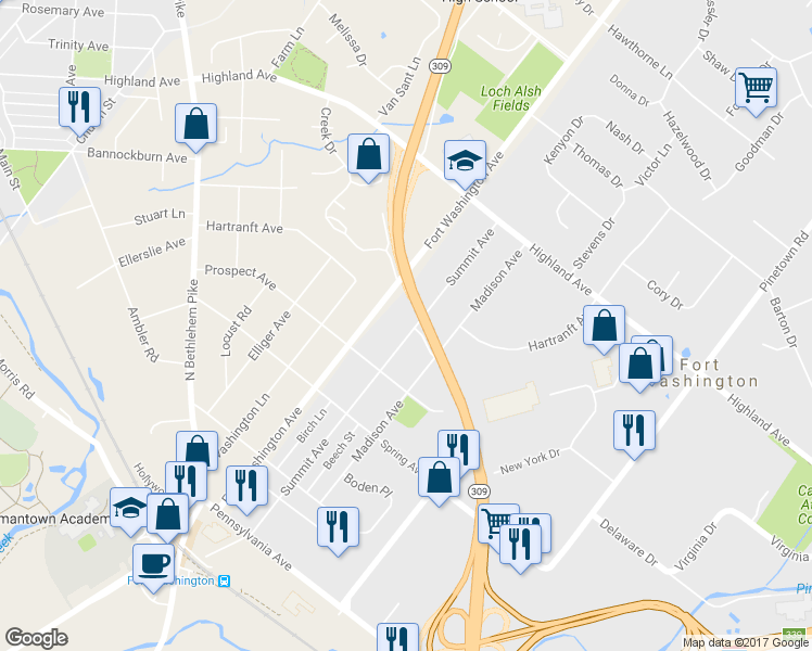 map of restaurants, bars, coffee shops, grocery stores, and more near 424 Summit Avenue in Fort Washington