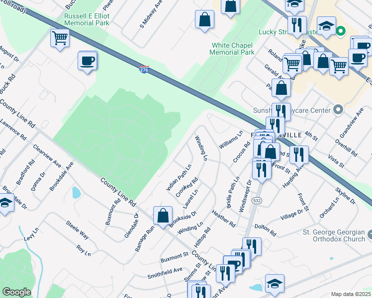 map of restaurants, bars, coffee shops, grocery stores, and more near 38 Indian Path Lane in Feasterville-Trevose