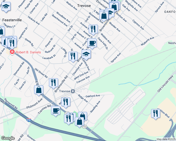 map of restaurants, bars, coffee shops, grocery stores, and more near 3434 West End Avenue in Feasterville-Trevose