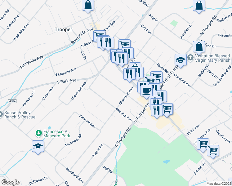 map of restaurants, bars, coffee shops, grocery stores, and more near 112 Oakdale Avenue in Eagleville
