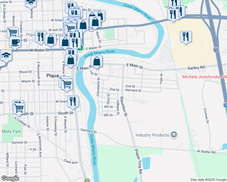 map of restaurants, bars, coffee shops, grocery stores, and more near 315 2nd Street in Piqua