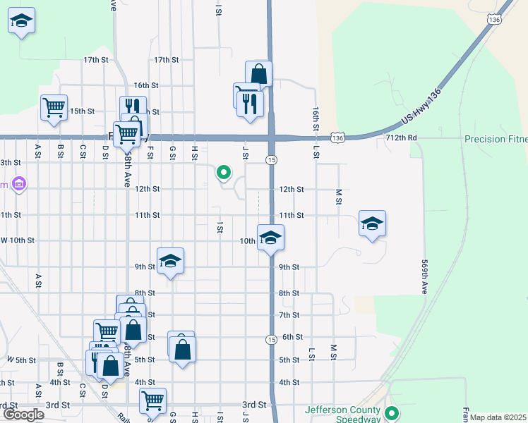 map of restaurants, bars, coffee shops, grocery stores, and more near 1101 K Street in Fairbury