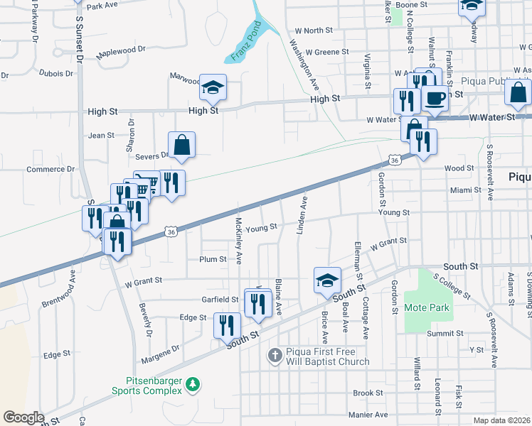 map of restaurants, bars, coffee shops, grocery stores, and more near 127 Glenn Street in Piqua