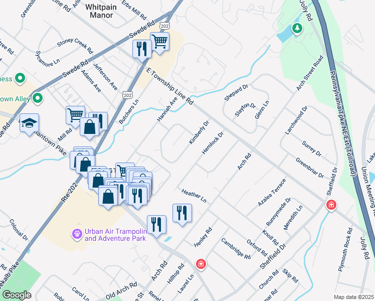 map of restaurants, bars, coffee shops, grocery stores, and more near 3027 Kimberly Drive in Norristown