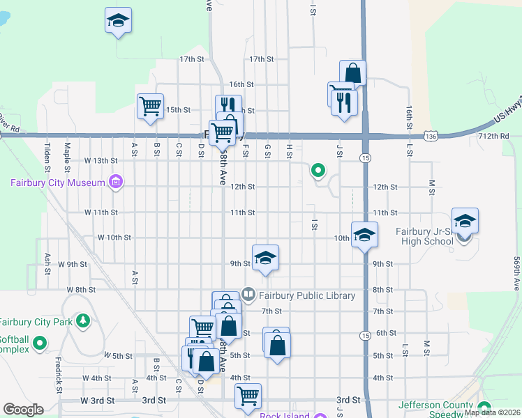 map of restaurants, bars, coffee shops, grocery stores, and more near 1103 G Street in Fairbury