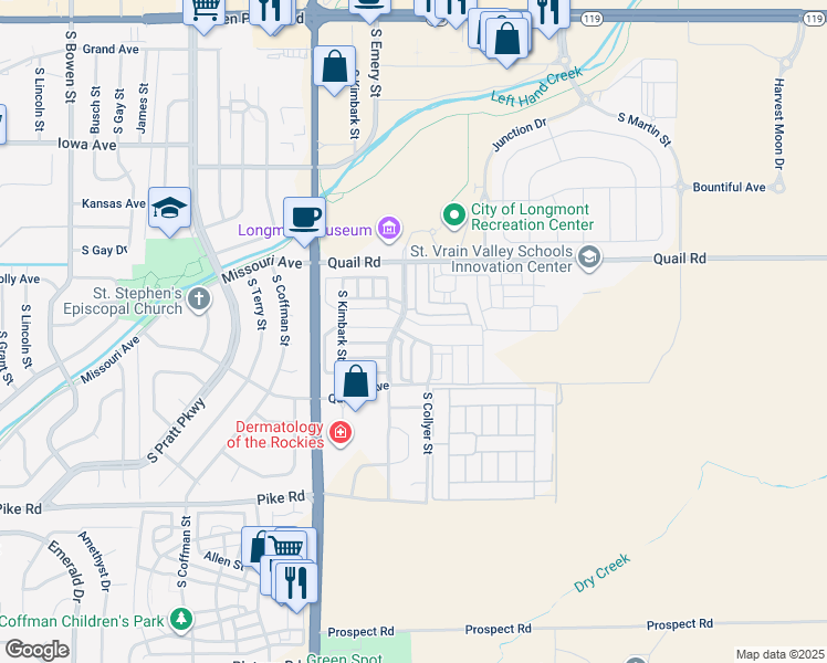 map of restaurants, bars, coffee shops, grocery stores, and more near 343 South Parkside Drive in Longmont