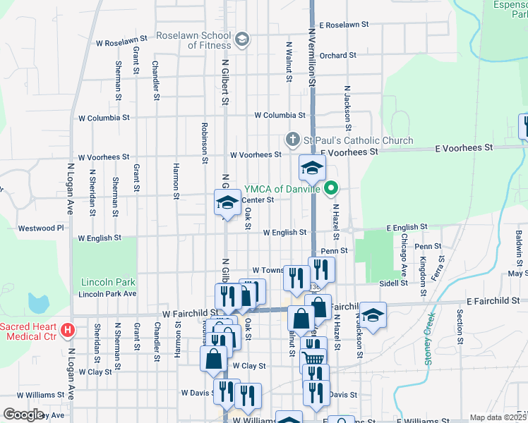map of restaurants, bars, coffee shops, grocery stores, and more near 1100-1198 North Franklin Street in Danville