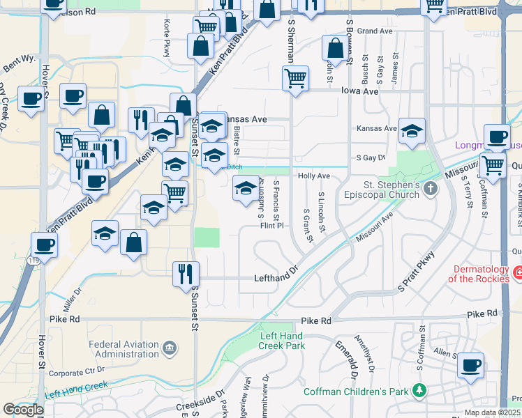 map of restaurants, bars, coffee shops, grocery stores, and more near 1335 South Judson Street in Longmont