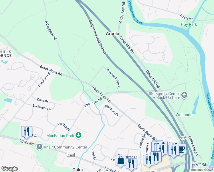 map of restaurants, bars, coffee shops, grocery stores, and more near 1 Little Knoll Circle in Collegeville
